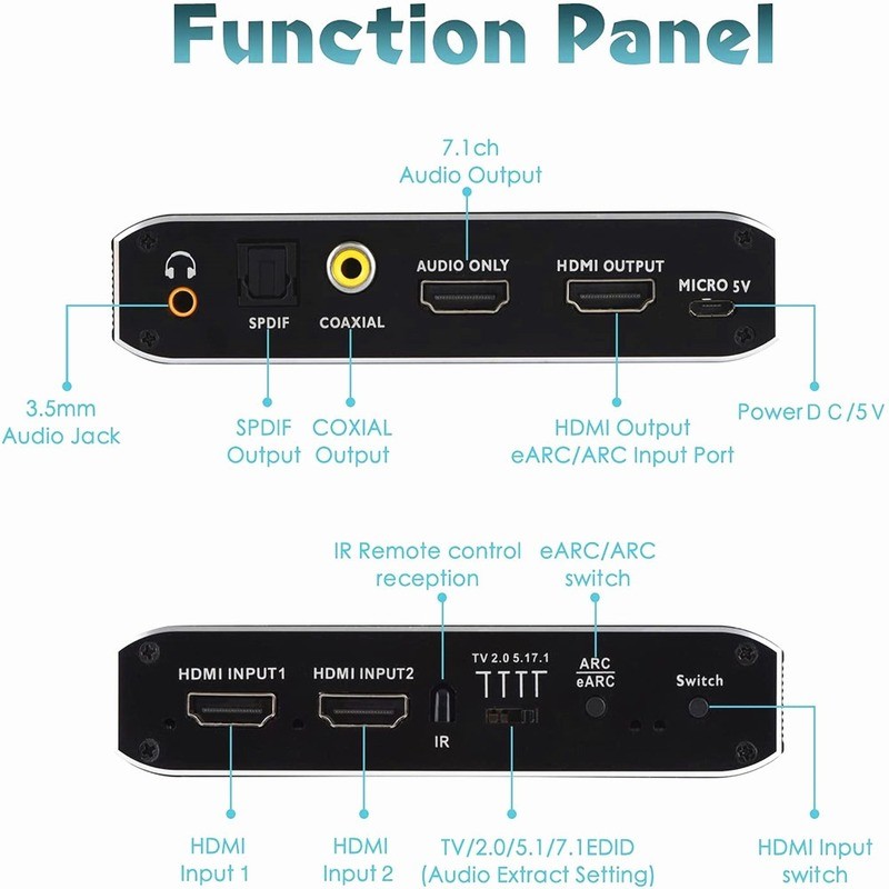 HDMI Compatible Audio Extractor, 2x1 2.0 Switcher 4k60hz Erc Switcher Supports 3D, Arc and Optical Toslink HDR Switcher for PS3