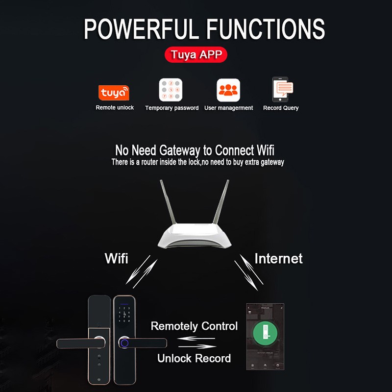 Tuya WiFi Electronic Smart Door Lock with Biometric Fingerprint/Smart Card/Password/Key Unlock/USB Emergency Charge