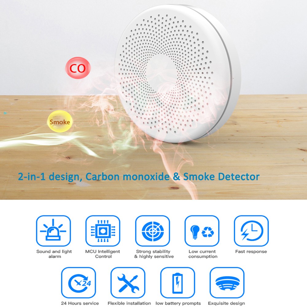 WIFI 2 in 1 Smoke Carbon Monoxide Combo Detector CO Gas Smoke Alarm Sensor 85DB Sound Alarm Tuya Smart Security Alarm System