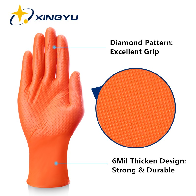 Strong nitrile gloves 50pcs orange black diamond pattern 6mil 8mil safety work gloves nitrile gloves 50pcs extra strong