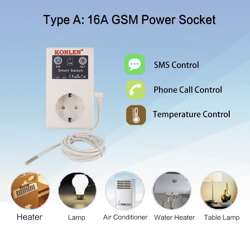 16A GSM SMS Smart Power Socket Outlet Temperature Sensor Controller Smart Plug Relay Switch Home Automation Remote Control