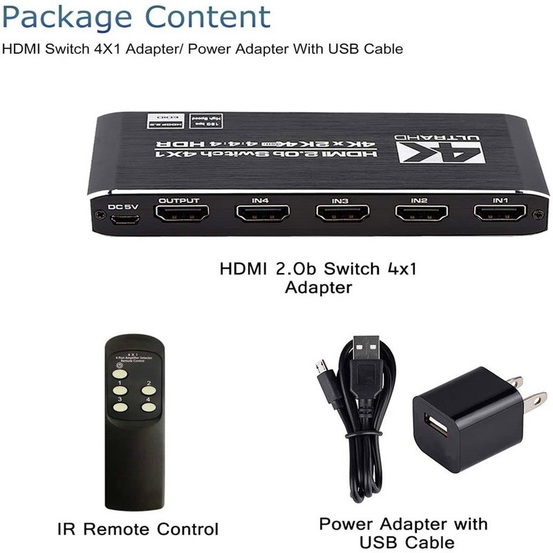 Switch 5 Port HDMI-compati IR Remote Control Switch 4 in 1 Out Switcher 4x1 Selector Support 4K@30Hz Ultra HD 3D