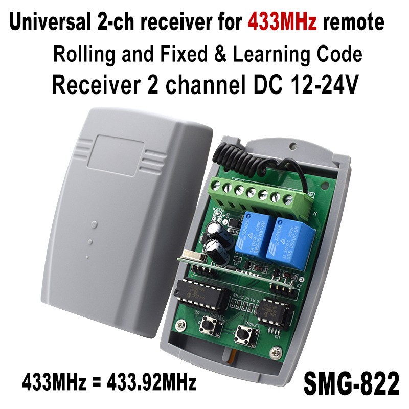 DC 12-24V Garage Door Receiver 433MHz 433.92MHz Gate Transmitter Receiver Rolling Code 2CH Receiver