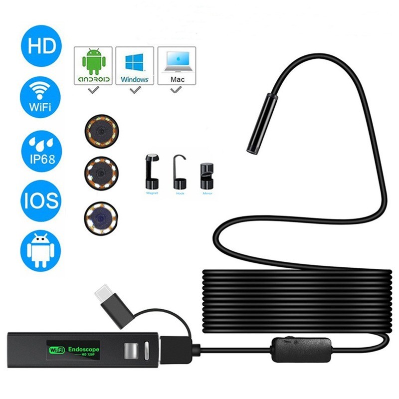 Endoscope Camera 8mm 1200p Wifi Drain Pipe Engine Inspection Wireless Camera 3 in 1 Borescope for Android Phone Smartphone TypeC