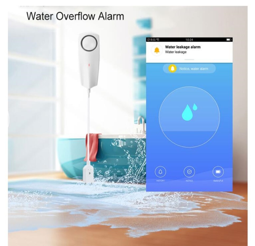 WiFi Wireless Liquid Leak Sensor Water Level Detector Leak Bypass Buzzer Tuya Smart Life APP Push Alarm