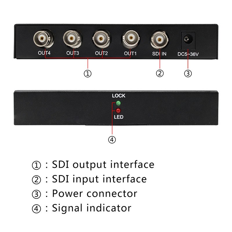 Wiistar SDI Splitter 1 in 4 out SDI Extender Converter 1x4 Support 3G/SD/HD-SDI 1080P for Video Monitor