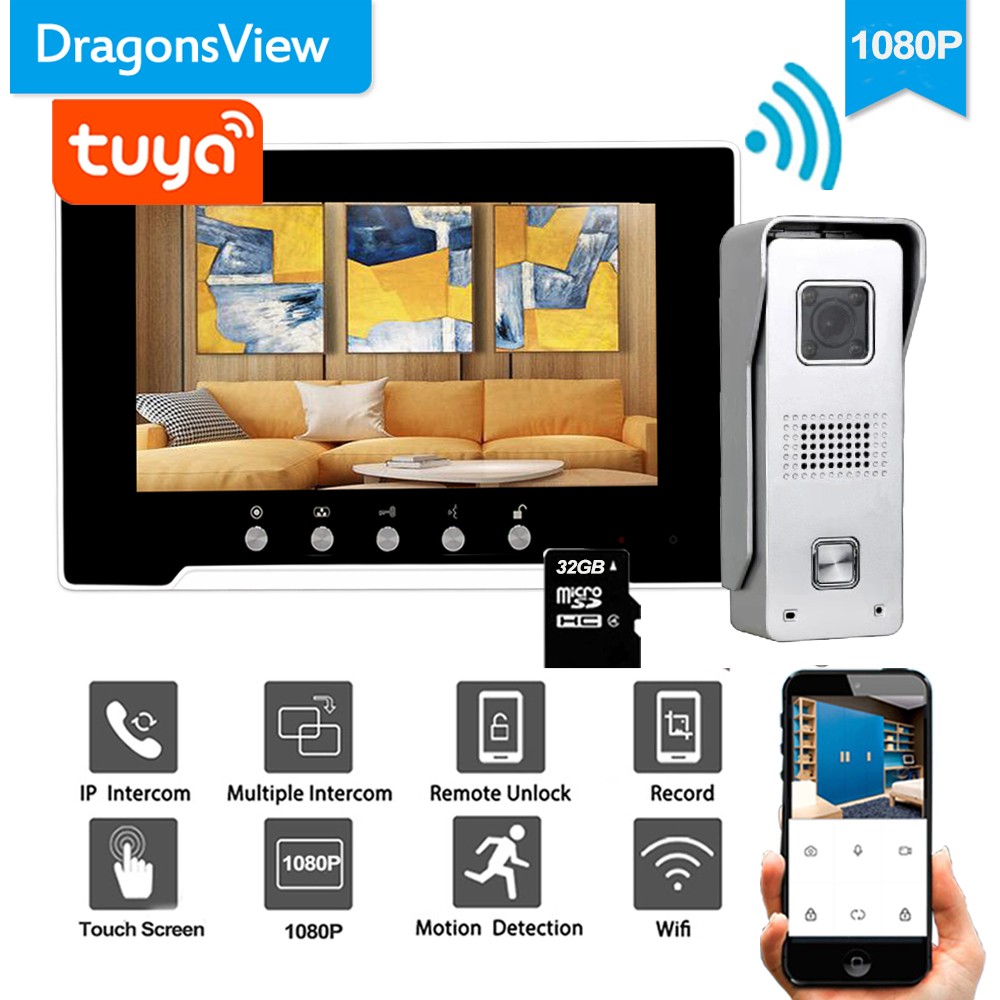 Dragonsview 1080P 7 Inch Wired Wifi Video Intercom System Wireless Video Door Phone Access Control 3A Power Electronic Lock