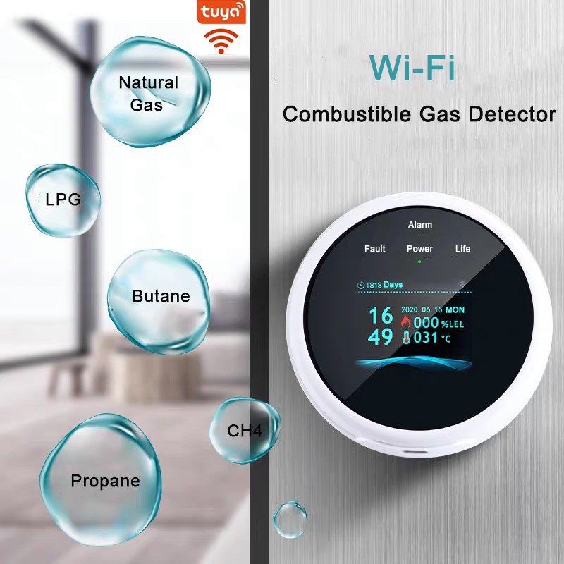 Tuya Smart Poisoning Gas Leak Sensor Fire Warning Alarm Temperature Sensor Thermometer 3-Color LCD Display Focus