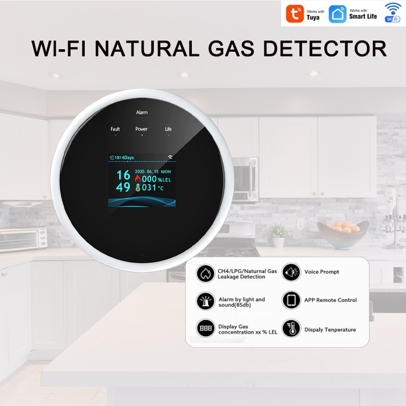 Tuya WIFI Gas Leak Detection Sensor for LPG CH4 Fire Heat Alarm Temperature Monitoring Kitchen Security Protection APP Control Alert