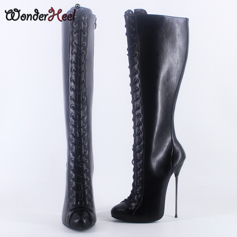 Wonderham 2021 new 16cm ultra-thin heel extreme high heels matte leather sexy wonder girls nightclub lace up knee high boots