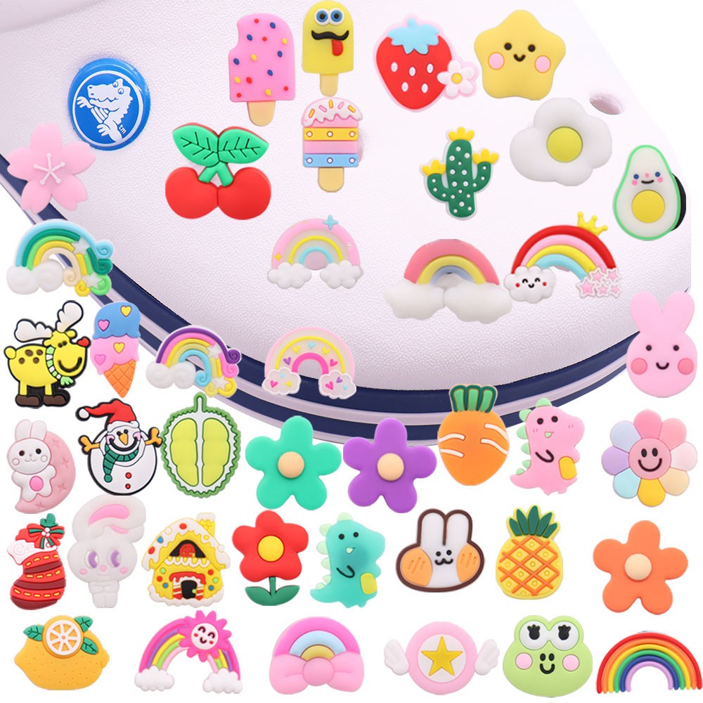 Wholesale 50pcs Animal Fruit Rainbow Kids Shoe Accessories Buckle Garden Shoe Decorations Fit Croc Jibz Ornament X-mas Gifts