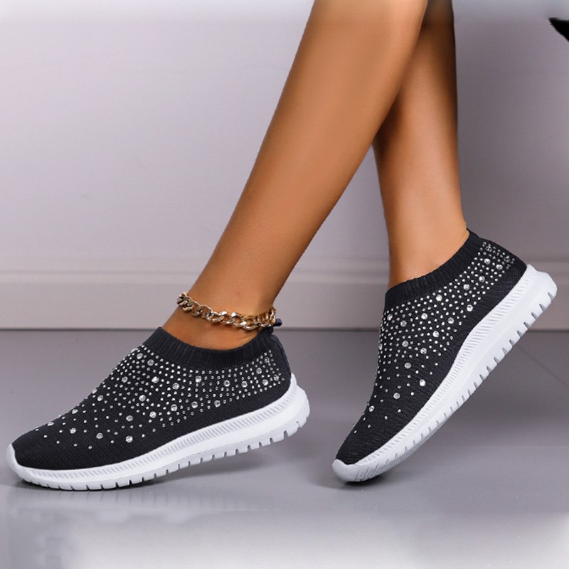 Lucifer Shiny Crystal Knitted Sneakers Women 2022 Spring Breathable Mesh Flats Woman Plus Size Slip On Running Shoes Casual Shoes 43