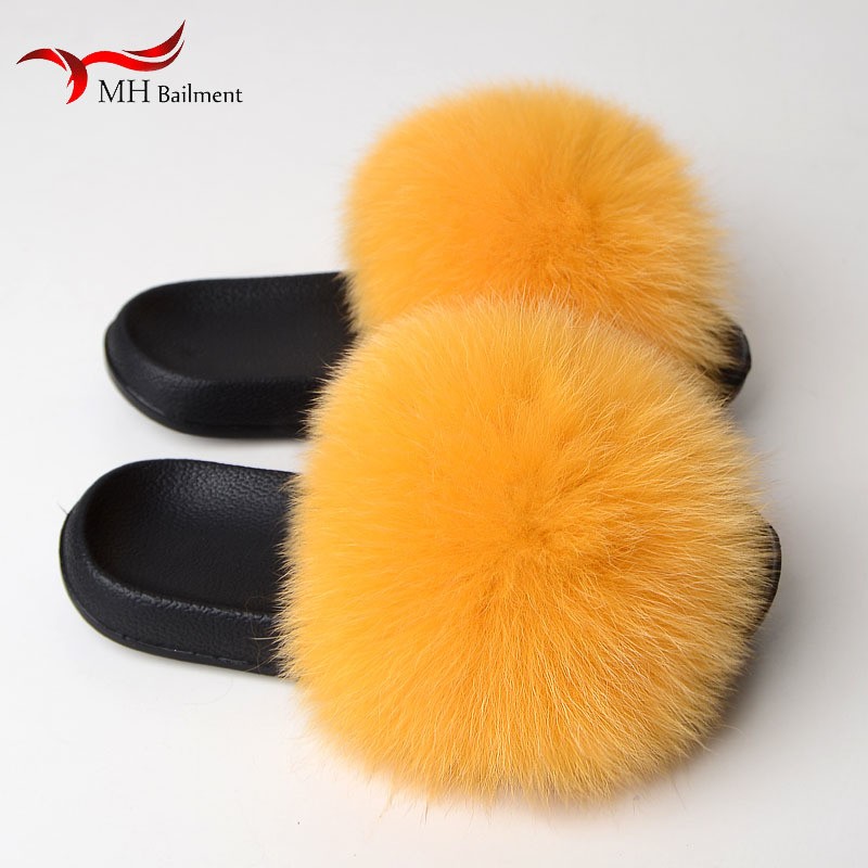 Real Fox Fur Slippers Women Summer Indoor Fluffy Flat Raccoon Fur Slides Outdoor Fashion Casual Beach Shoes Plus Size Shoes