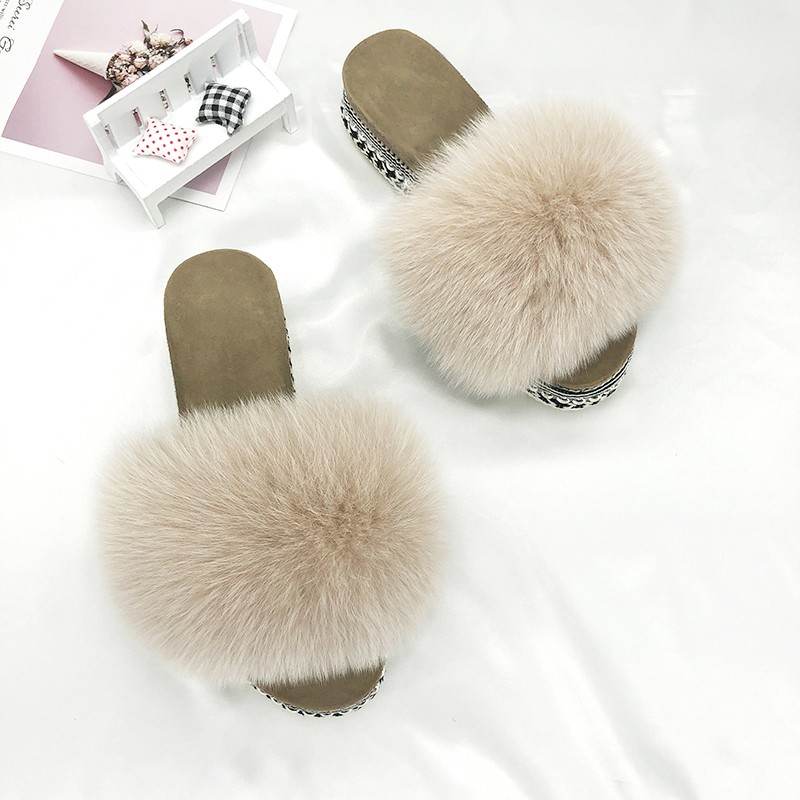 Fur Slides Summer Rivets Platform Sandals Ladies Sandals Outdoor Real Fur Ladies Heels Shoes 2021 New Fluffy Slippers Flip Flops