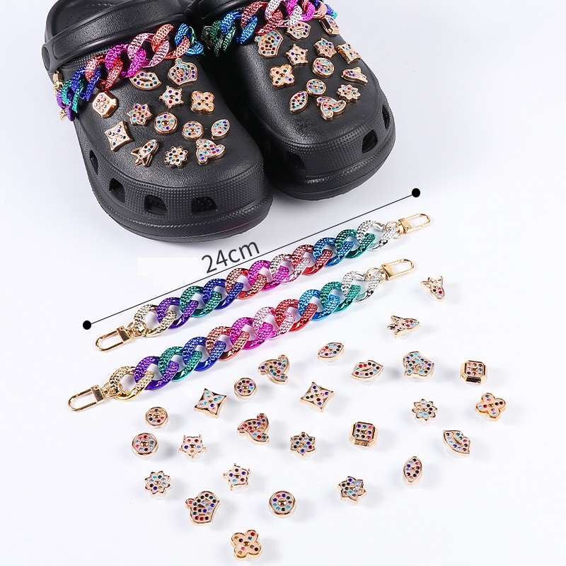 28pcs/lot Shoe Charms Designer Croc Charms Rhinestone Girl Gift Glow Clog Decaration Rainbow Metal Love Accessories Croc Jibz