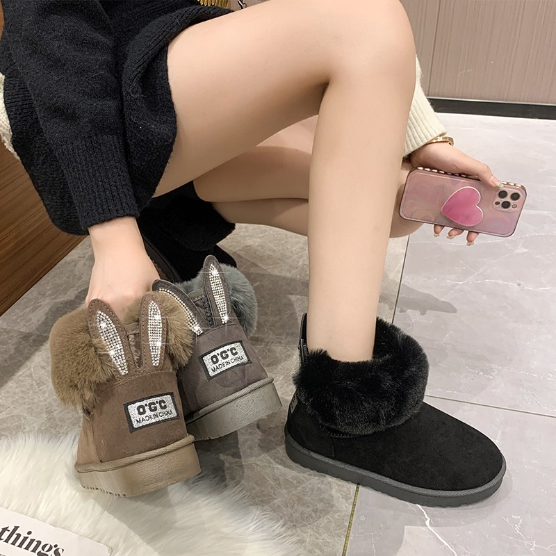 2022 Autumn Winter New Snow Cotton Shoes Cuffs Flat Bottom Short Boots Big Fur Black Warm Velvet Women Boots