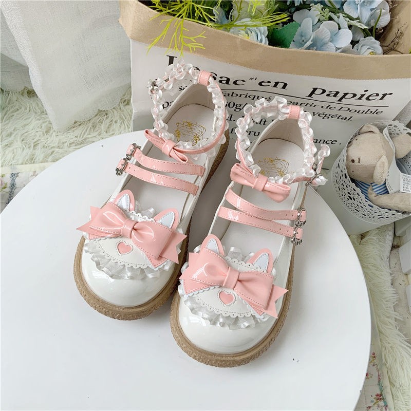 Kawaii Lolita Shoes Femme Fashion Lace Zapatillas Mujer 2021 Autumn Heart Patchwork Woman Flats Mix Color Buckle Women's Shoes