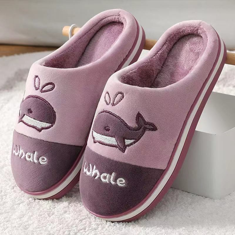 Winter Cotton Slippers Catroon Dolphin Home Indoor Slippers Plush Feleece Non-slip Winter Warm Slippers Comfortable Women Shoes Gray