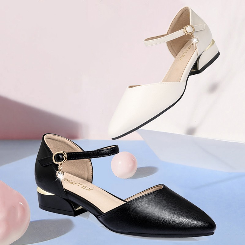 Comfortable Square Heels Office Ladies Work Shoes Soft PU Leather Low Heel Pumps Women Ankle Strap Classic Black Shoes Woman