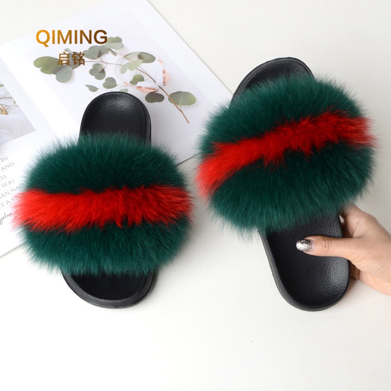 Summer fox fur slippers flat non-slip solid plush home shoes