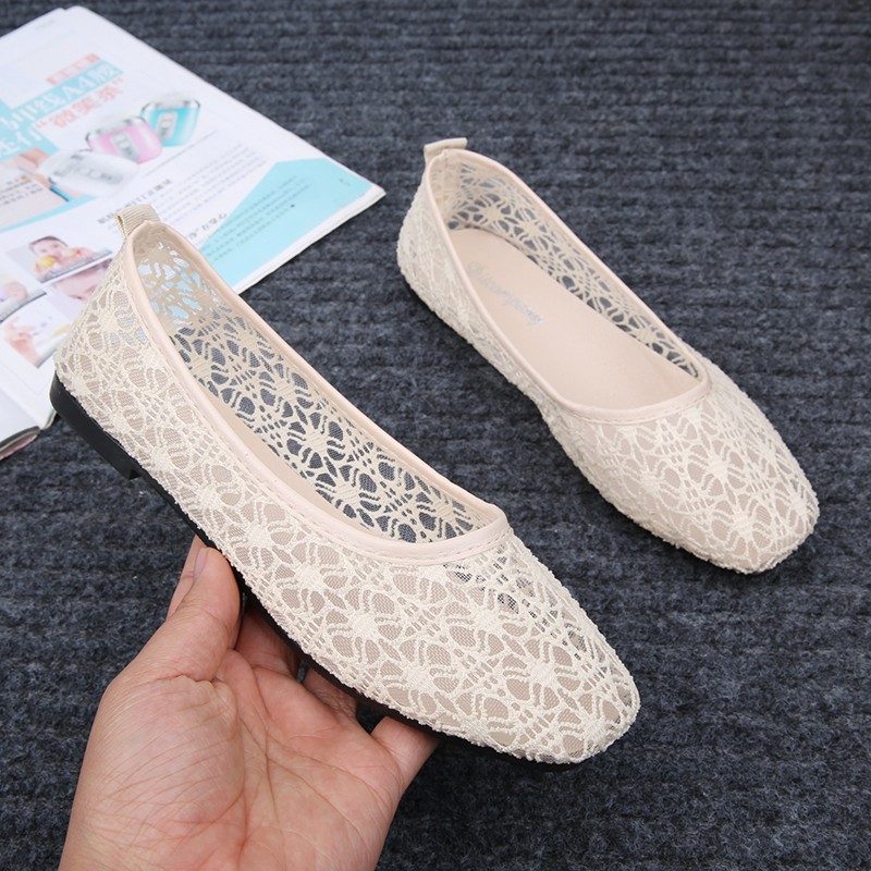 Women Transparent Lace Soft Flats Ladies Square Toe Sexy Black Boat Shoes Summer Breathable Beige Non-slip Flat Shoes 35-40