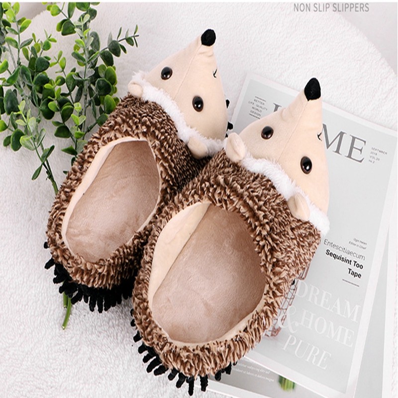 ASILETO-Winter Warm Slippers for Men and Women, Unisex Slippers, Round Toe, Cute Hedgehog, Large Size 35-43, Brown, Indoor Home F999