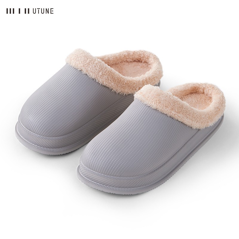 UTUNE Winter Slippers Men Shell Mules Waterproof EVA Indoor Plush Warm Shoes Women Anti-slip Garden Home Slippers Thick Solid