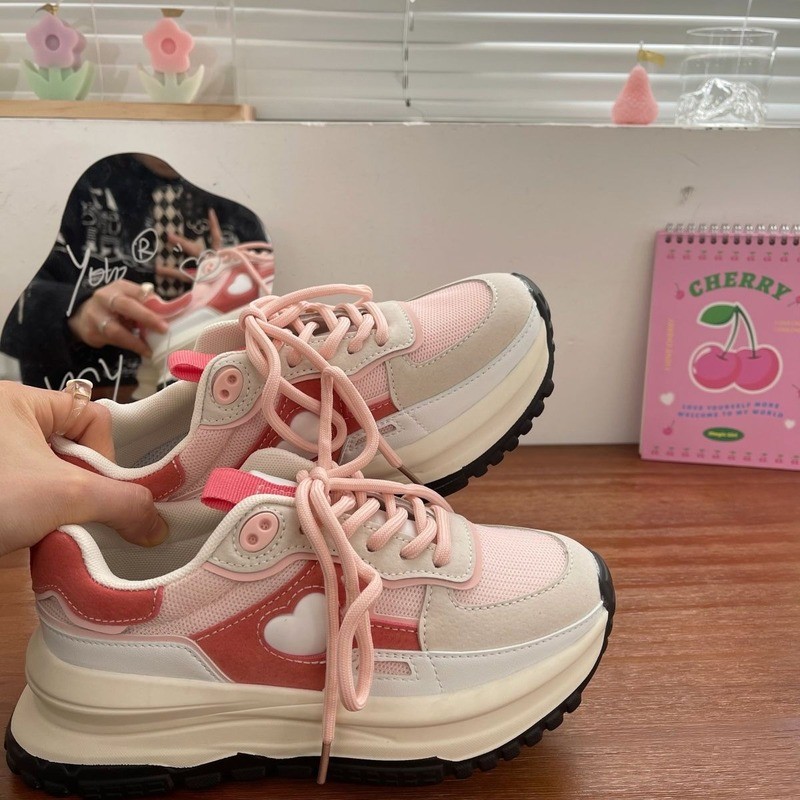 QWEEK 2022 New Korean Women Sneakers Strawberry Pink Kawaii Love Sports Daddy Shoes Versatile Casual Platform Vulcanize Tennis