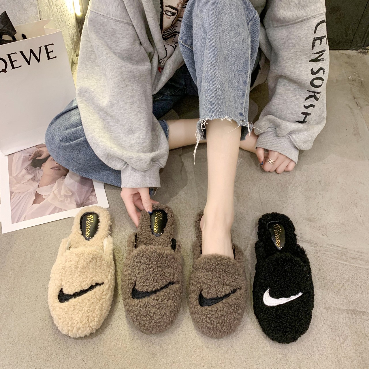 indoor women fluffy slippers winter soft slip on house crinkle fur slippers sunflower style non-slip short plush flat shoes