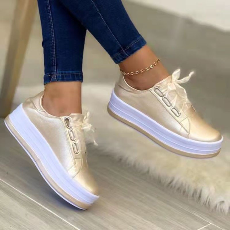 Rimocy Shiny PU Leather Thick Bottom Sneakers Woman Plus Size 43 Lace Up Platform Shoes Women Gold Silver Flats Zapatos De Mujer