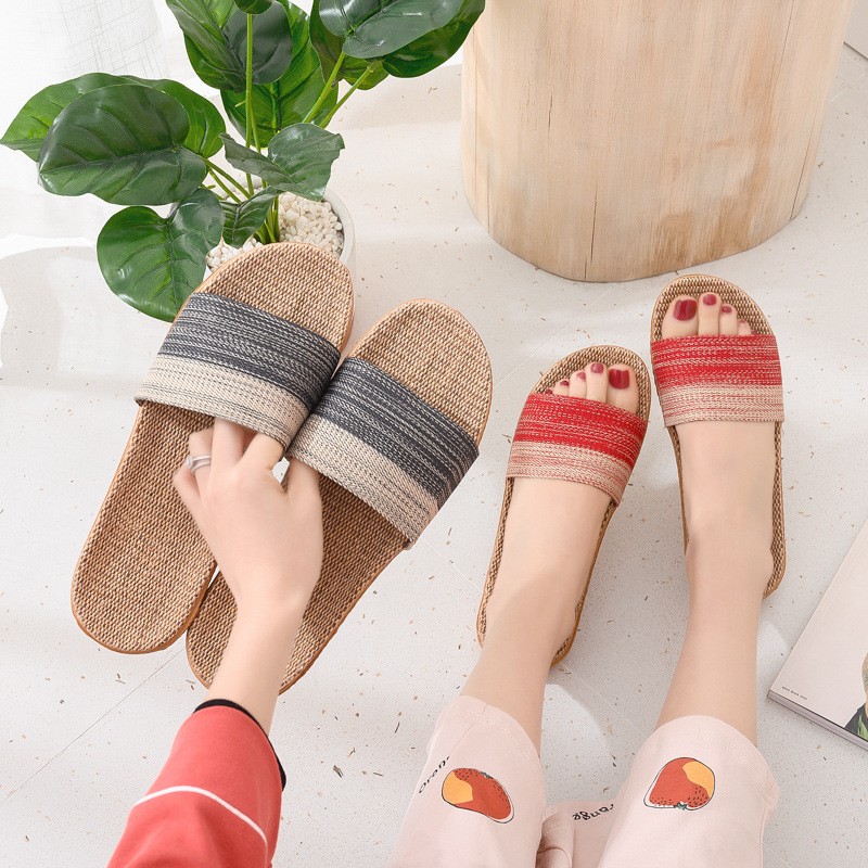 Women Linen Home Slippers Summer Casual Slides Beach Shoes Ladies Indoor Linen Slippers Bohemia Striped Flip Flops Sandals