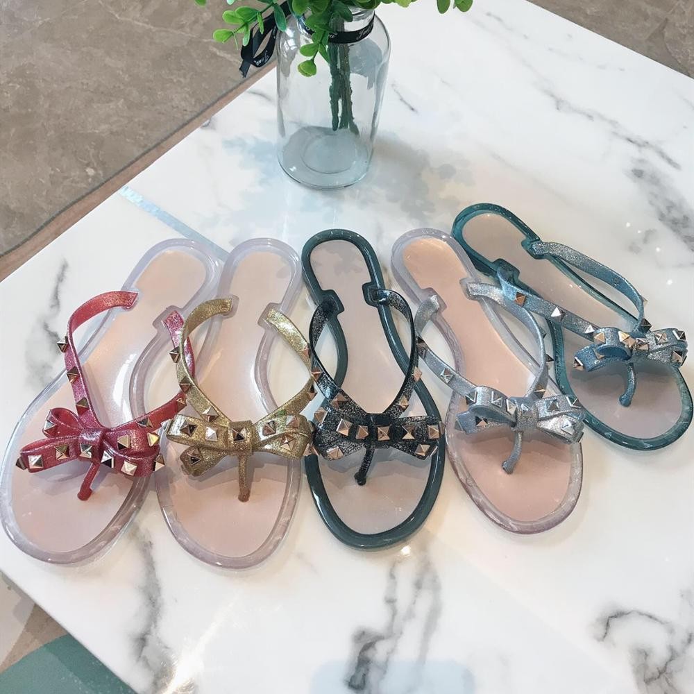 Fashion Brand Summer Flip Flops Woman Rivets Women Sandals Bow-knot Flat Slippers Girls Studded Beach Slides Jelly Shoes 35-41