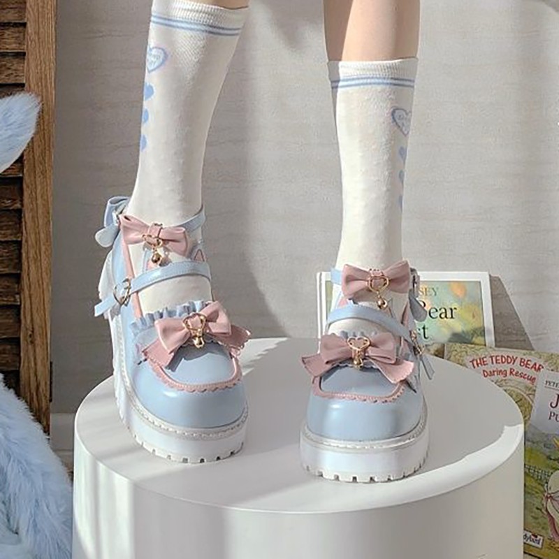 Kawaii Women's Platform Sandals Bow Patchwork Zapatillas Mujer 2022 Spring Japanese Style Buckle Bells Girls Lovely Lolita Shoes