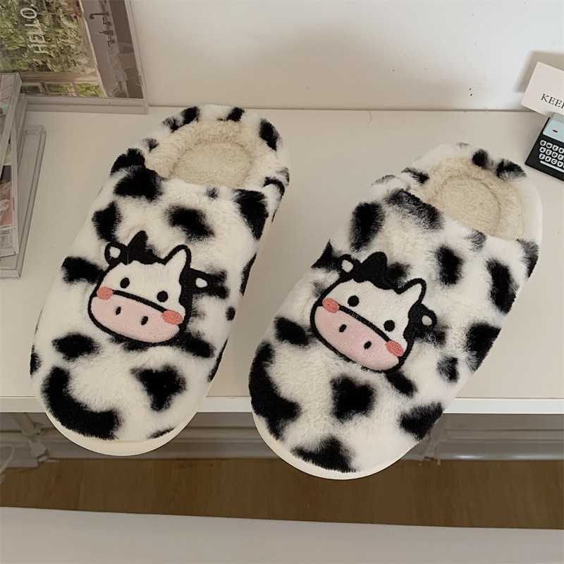 Women Cute Animal Slippers Girls Fashion Kawaii Fluffy Winter Warm Slippers Cartoon Milk Cow House Funny Slippers Chaussure Femme