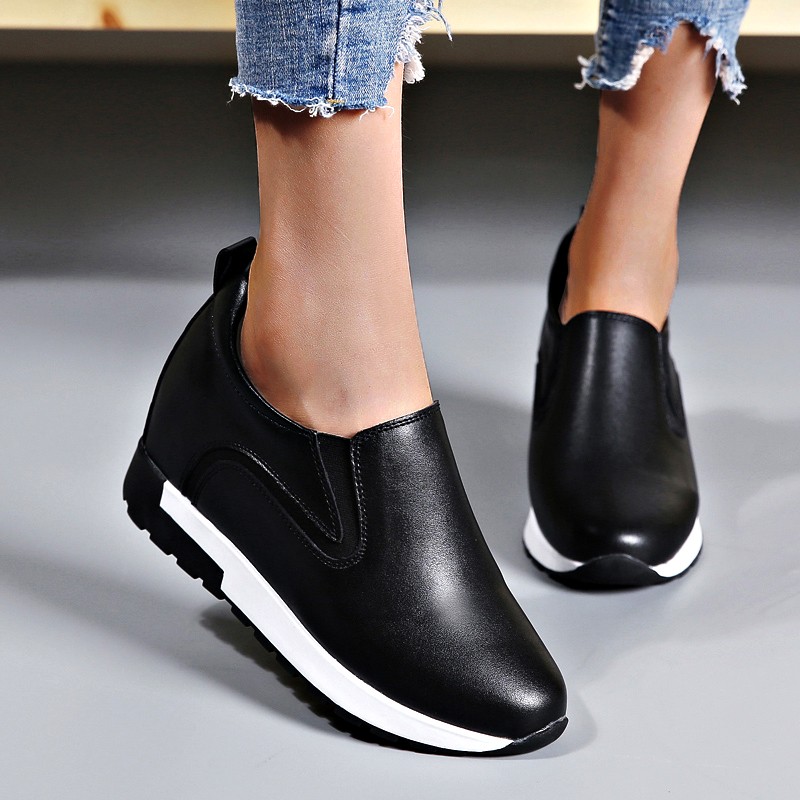 Fashion Women Chunky Slip-on Solid Shoes Increase Comfort Platform Shoes Woman Outdoor Casual Non-slip Ladies Leather Shoes