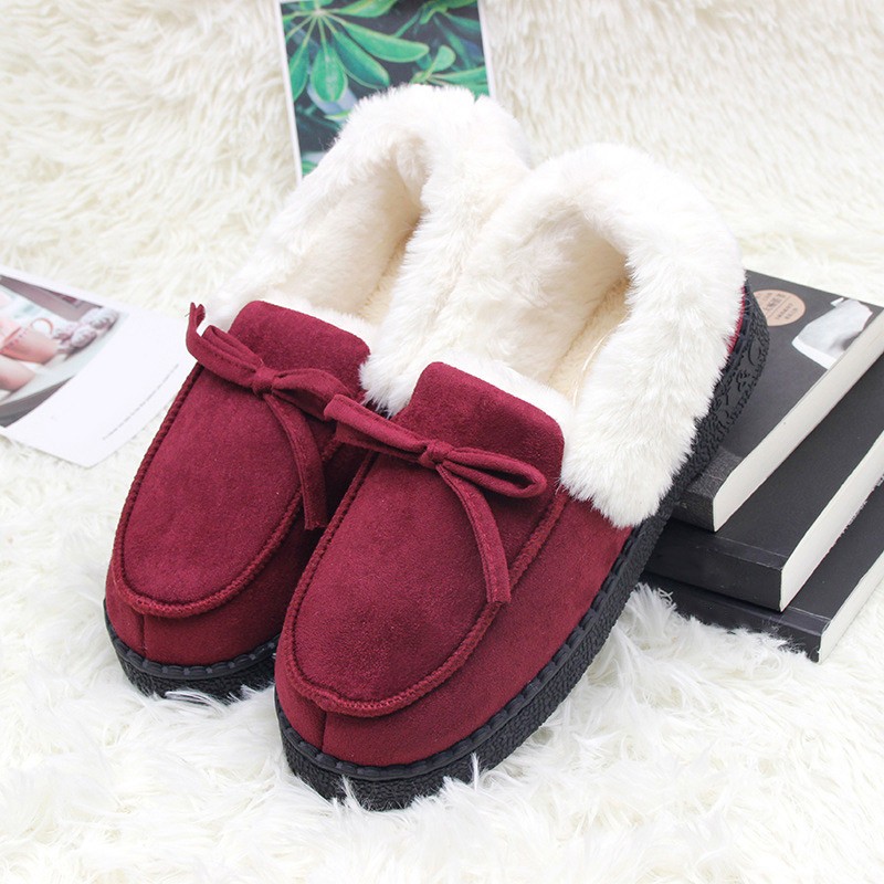 Women Slippers Winter Bow Tie Plush Warm Shoes Inside Loafers Indoor Slippers Ladies Ladies Slip On Shoes Chaussure Femme Women Shoes Non-leather Casual Shoes Women's Shoe Brand