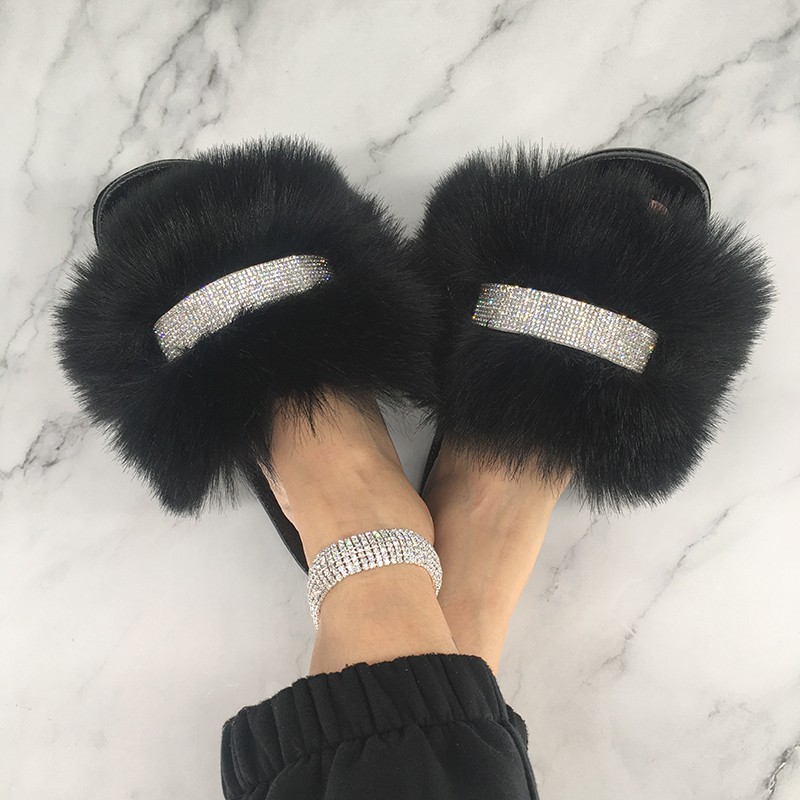 Home Slippers Women Thin Slippers Luxury Summer Faux Fur Slippers Furry Slides Shoes For Women With Rhinestones Slipper 2022