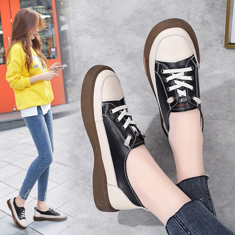 Sneakers Women Natural Genuine Leather Flat Casual Shoes Female Ballet Flats Lace Up White Soft Sole Sneakers Ladies Flats