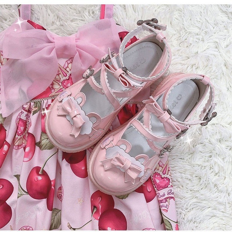 Kawaii Bear Buckle Women Lolita Shoes Japanese Style Patchwork Bow Zapatillas Mujer Fashion Girls Mix Color Lace Mary Janes