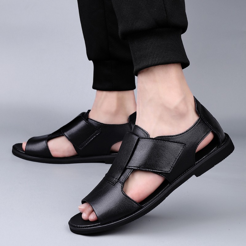 Summer Men's Genuine Leather Sandals New Design Fashion Casual Black Slip On Leather Sandals Man Sandals Men Flats