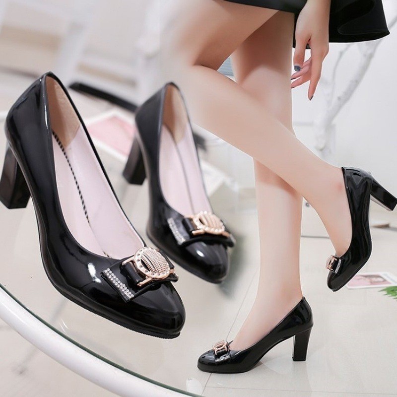 Pofulove Women Heels Ladies Office Work Shoes Woman Formal Leather Shoes Square Heel Round Toe Slip On Black High Heels