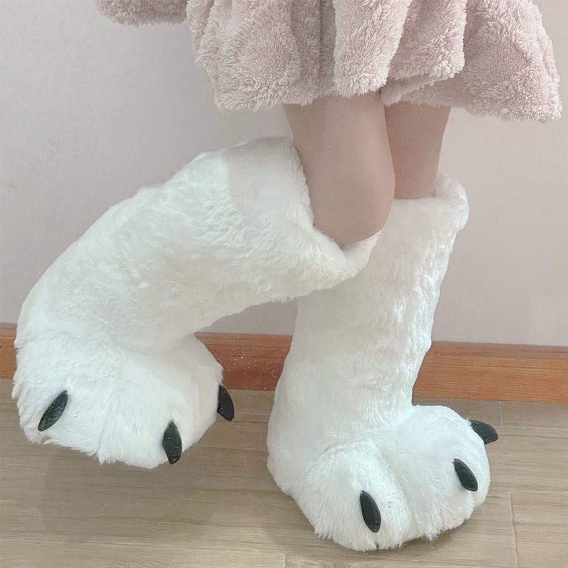 Women Creative Cute Plush Bear Paw White Long Tube Cotton Shoes Couple Indoor Winter Home Warm Cartoon Non-slip Fuzzy Slippers