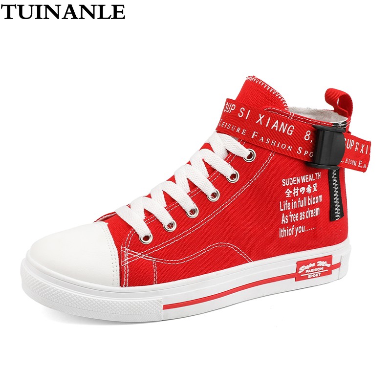 TUINANLE Sneakers for Women Red Vulcanized Shoes Lace-up Casual Canvas Shoes Size 35-44 Breathable High Top Men Walking Shoes