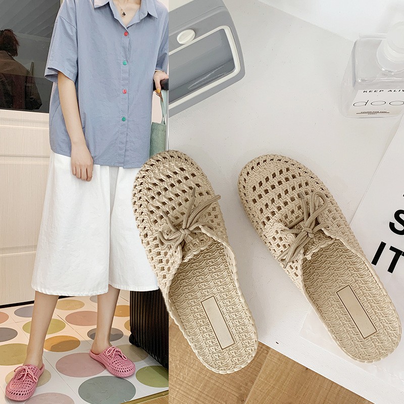 New hollow out baotou half pull women's casual wear lace up hole shoes, breathable indoor soft-soled slippers home slippers women