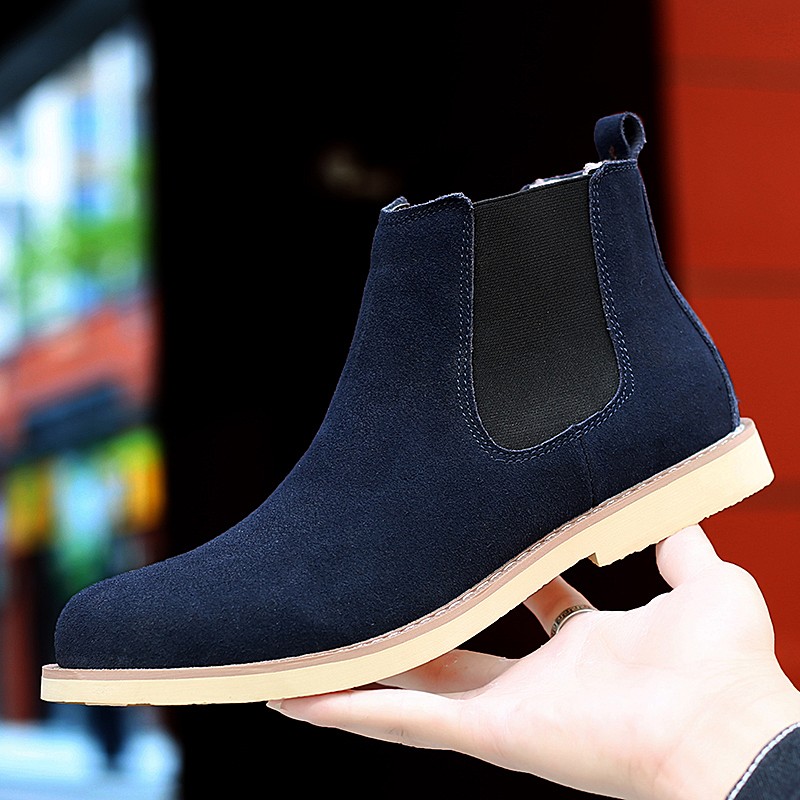 Chelsea Mens Boots 2021 Winter Fur Warm Ankle Blue Slip On Boots High Quality Genuine Leather Man Leisure Boots Male Botas