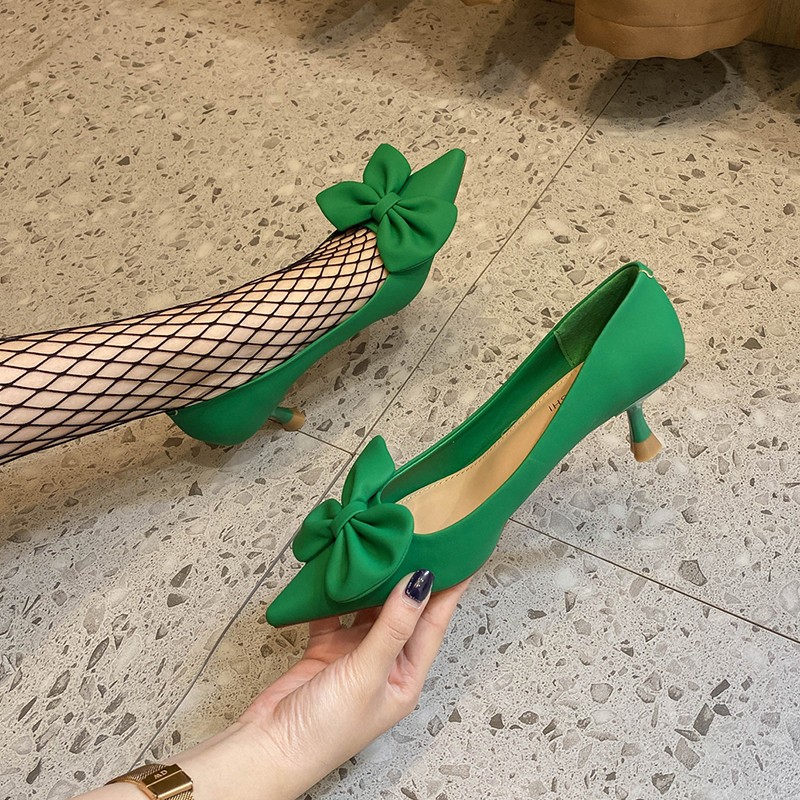 Rimocy Bowknot Green Pumps Women Slip On Soft PU Leather High Heel Shoes Woman Sexy Pointed Toe Thin Heel Office Ladies Shoes