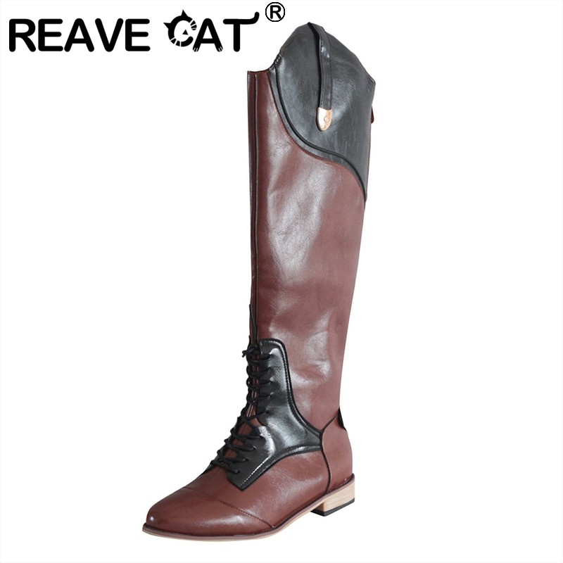 REAVE CAT Winter Over the Knee Western Boots Horse Riding Boots Ladies Long Tube British Leather Retro Pointed Toe Low Heels 12 A4369