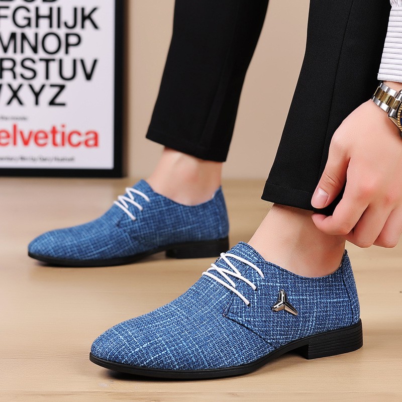 Men's classic business shoes man dress shoes fashion korea pointed toe lace-up formal wedding shoes men blue hemp 2021 new