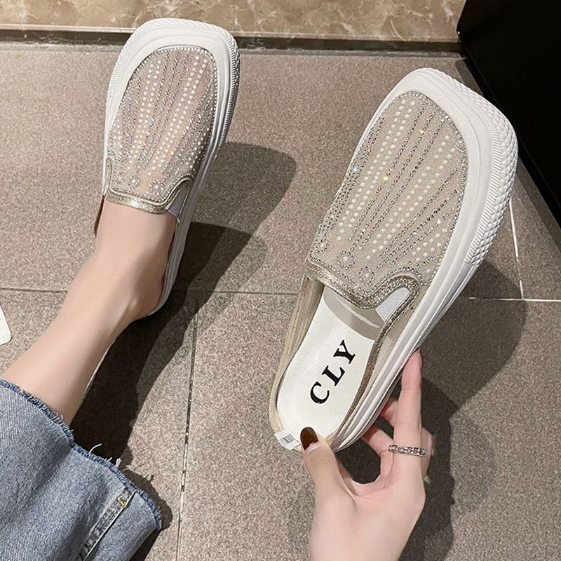 Rimocy Crystal Breathable Mesh Mules Shoes Women Summer Comfort Soft Bottom Platform Shoes Woman Square Toe Non-slip Beach Shoe