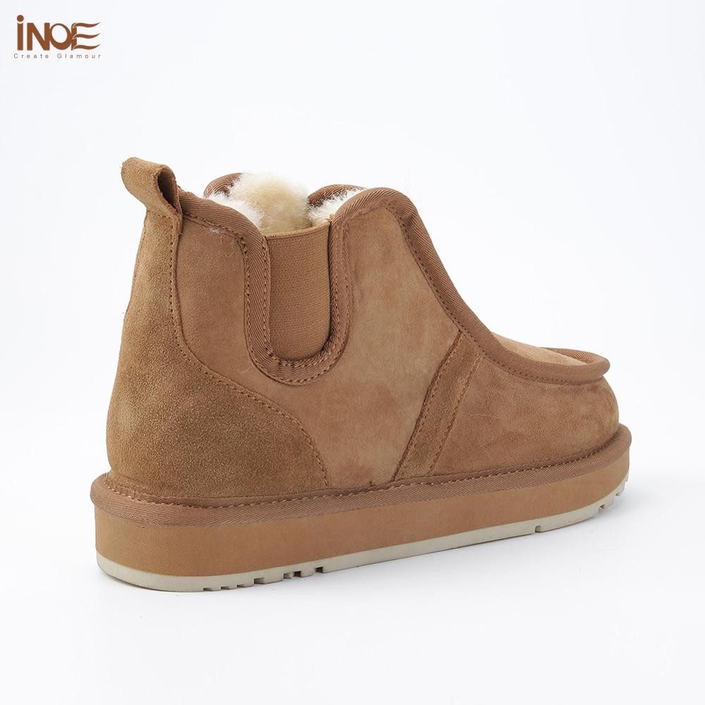 INOE Real Sheepskin Suede Men Sheep Wool Fur Lined Winter Short Ankle Snow Boots With Zipper Keep Warm Waterproof Boots